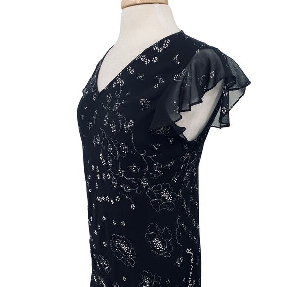Vintage Y2k Beaded Floral Bias Cut Midi Dress Flutter Sleeve Fairy Black Medium - Picture 6 of 11